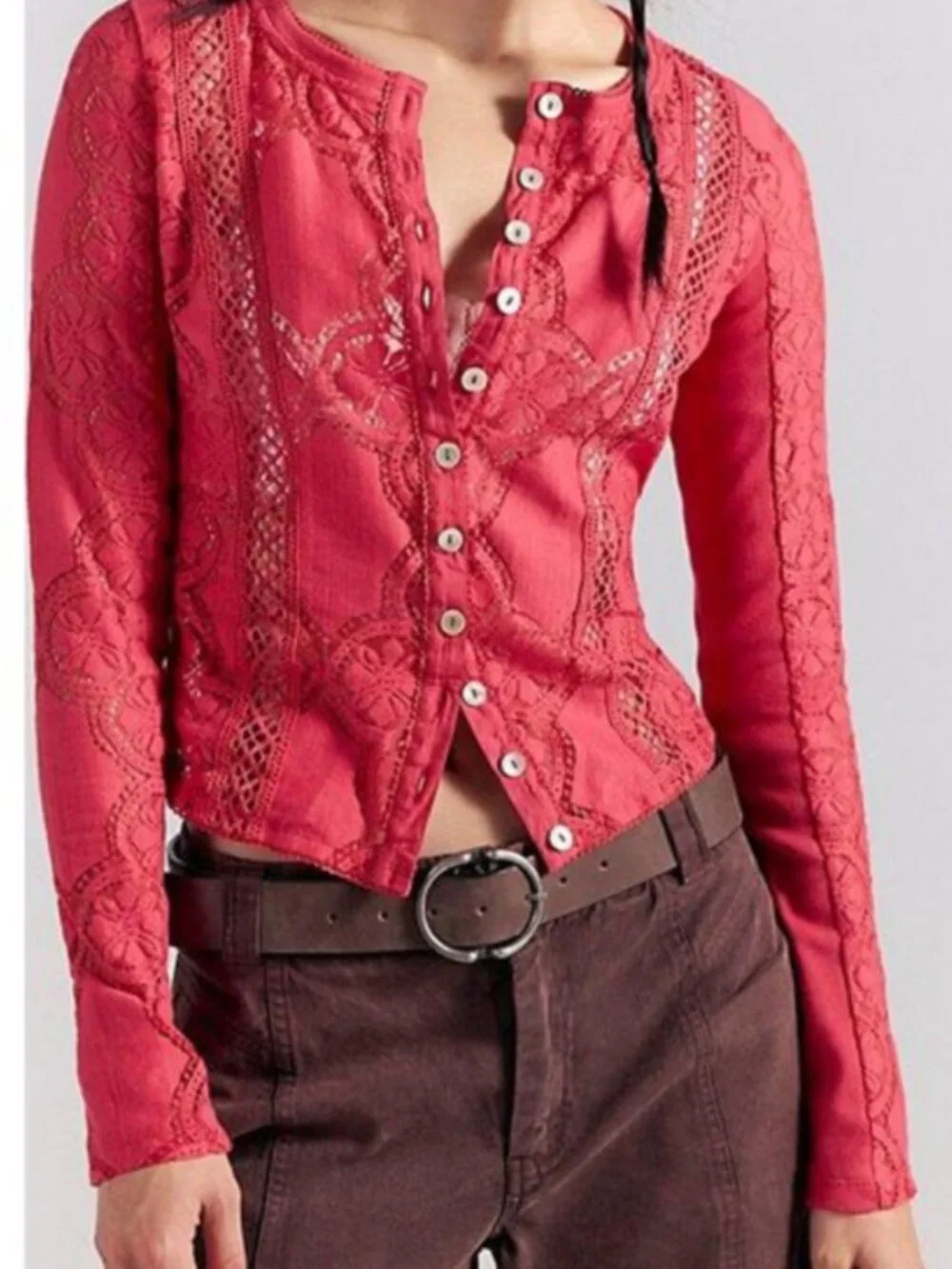 NWT Free People Jae Sheer Lace Knit Long Sleeve Top in Roughed Cheeks